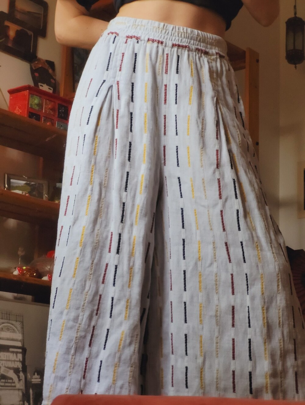 Ace & Jig Cream Wide-Leg Boho Pants with Yellow, Brown, Black Stripe Accents - S